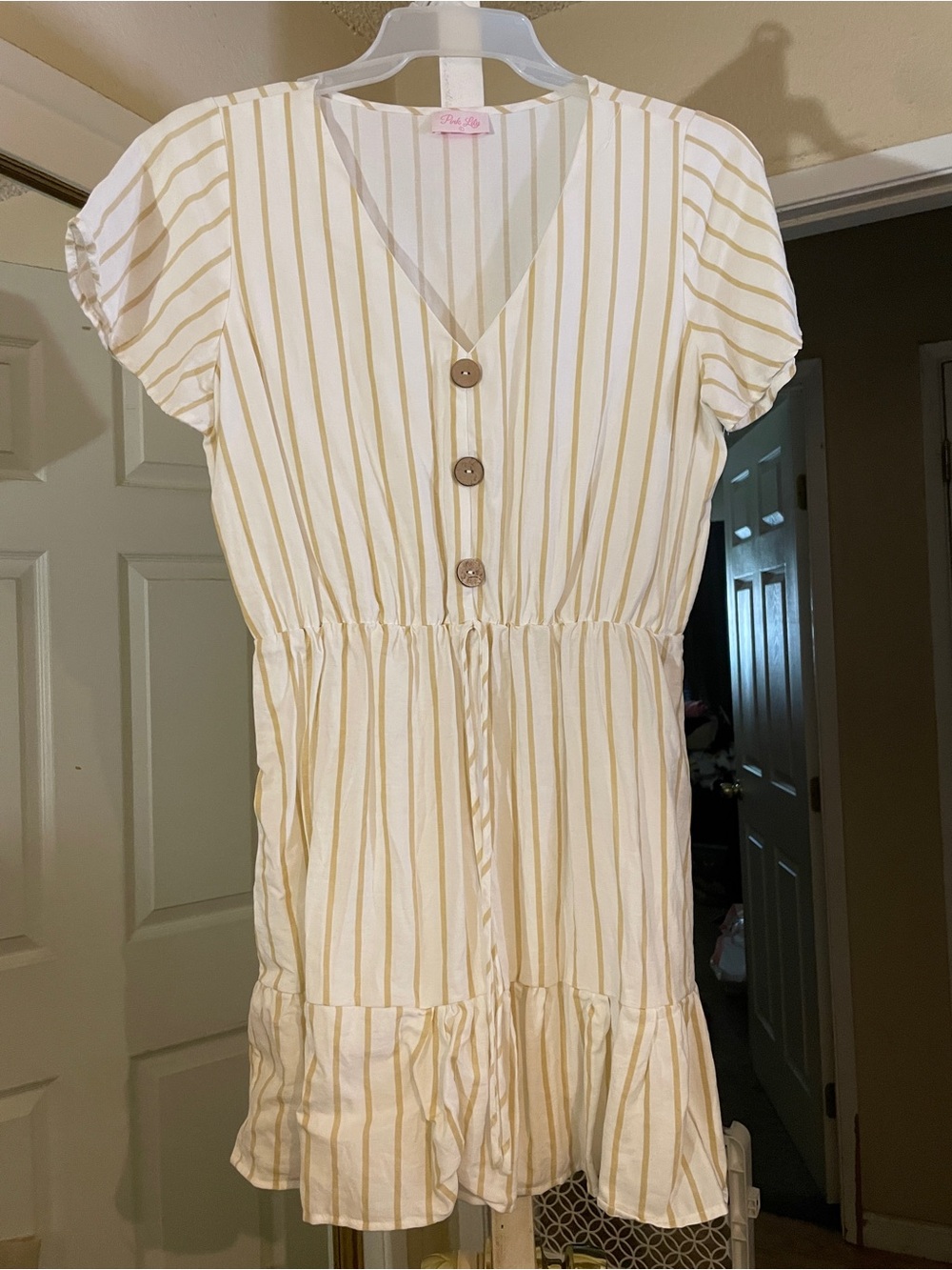 Striped Button Front Mini Dress - White & Tan